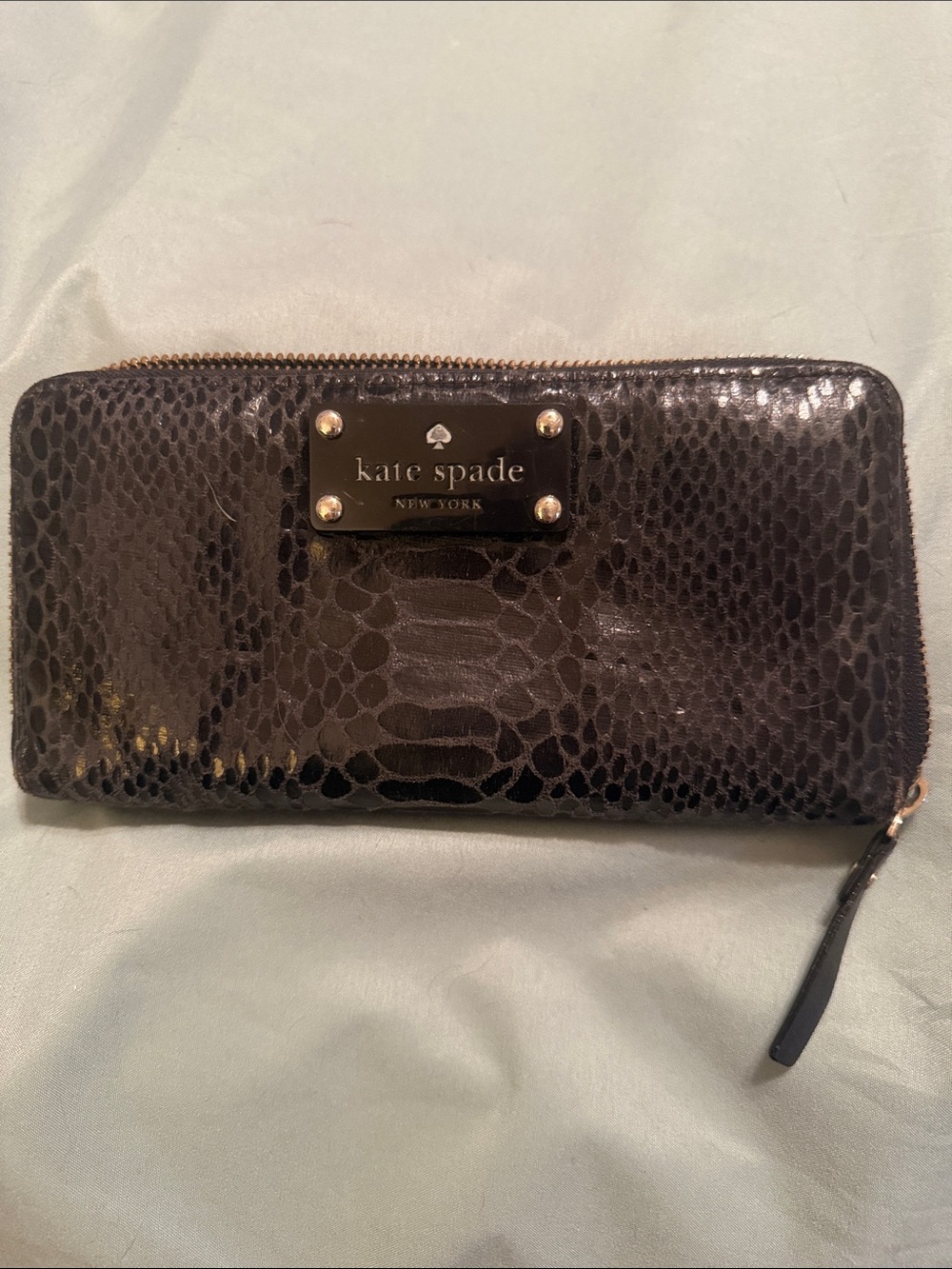kate spade Black Snake-Embossed Zip-Around Wallet with Gold Plaque